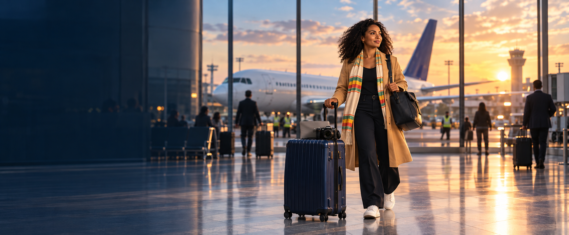 Ethiopian traveler walking through an airport with approved luggage and electronics